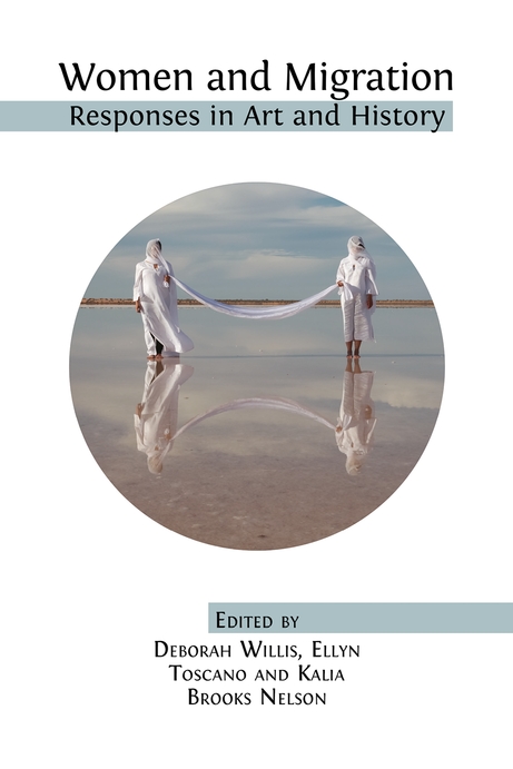 "Women and Migration:Responses in Art and History" Cover Art with black text and circle image featuring two figures in white holding a white rope between them
